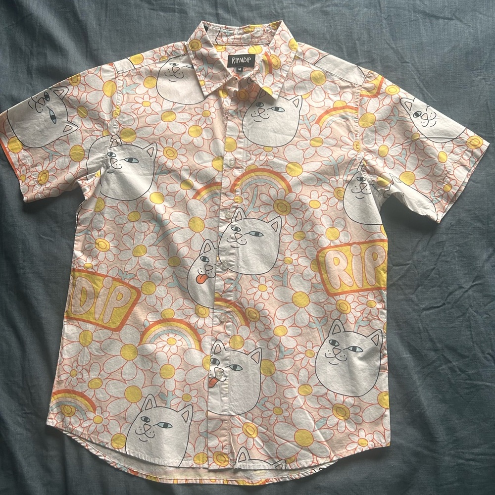 RIPNDIP Printed Button Down | Cat Flower Rainbow Pattern | Medium